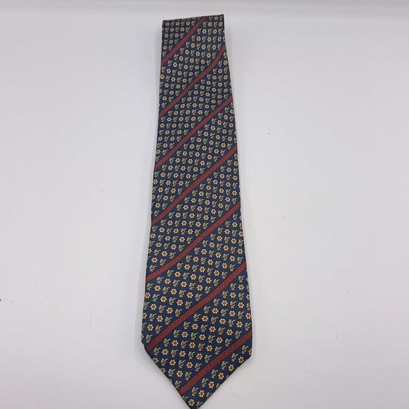 VERSACE CLASSIC V2 Navy Blue and Yellow Floral Pattern Silk Necktie